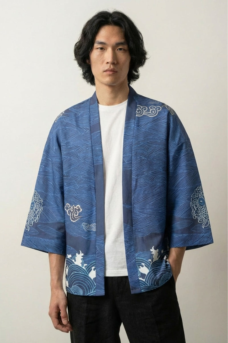 Veste kimono bleu marine Édition Kaïto homme motif vague Hokusai grue tsuru brodée blanc coton coupe haori manches trois-quarts attache cordon streetwear japonais Japanstreet