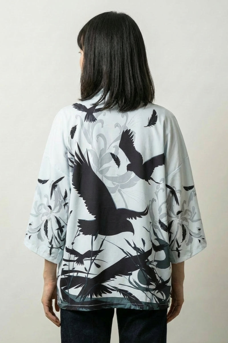 Veste kimono femme blanche Hisae vue dos haori grue tsuru roseaux streetwear japonais Japanstreet