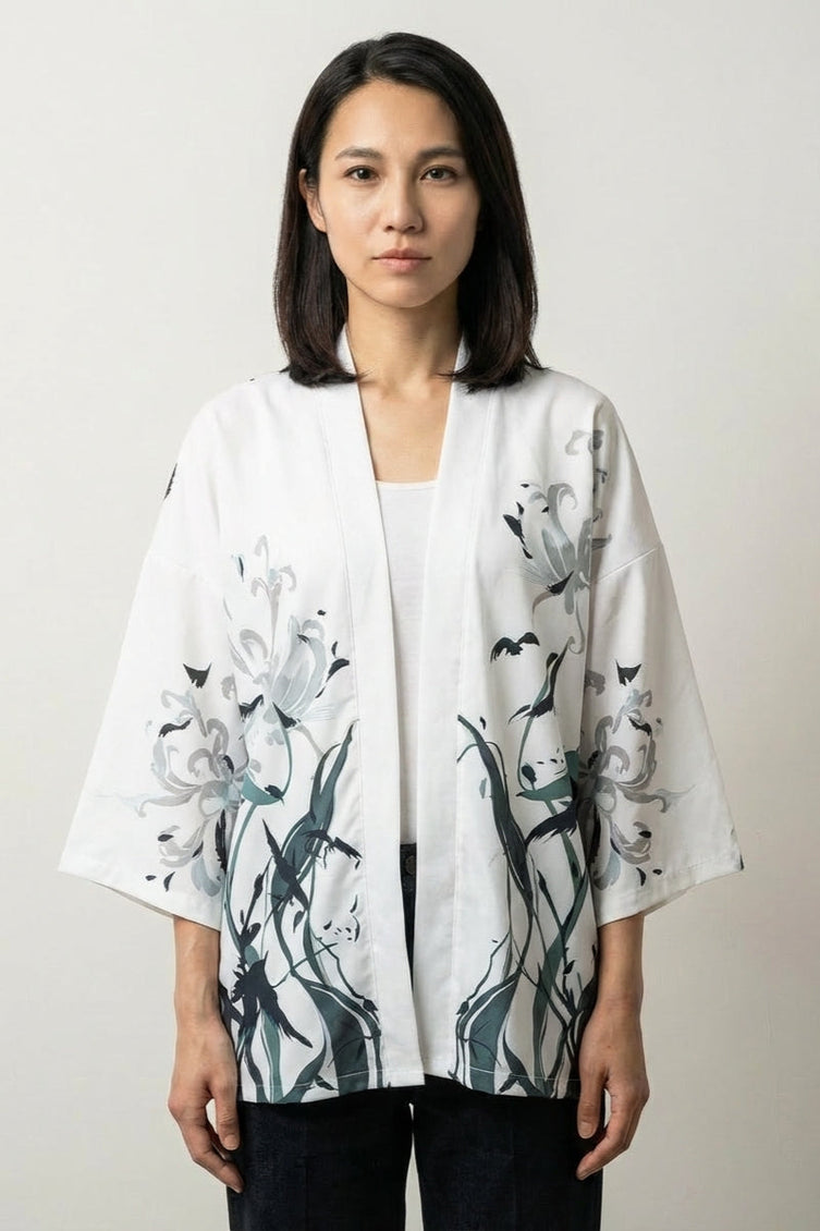 Veste kimono femme courte blanche lys