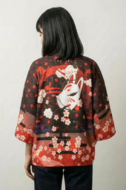 Veste kimono femme Kitsune Hiro vue dos haori rouge masque kitsune sakura streetwear japonais Japanstreet