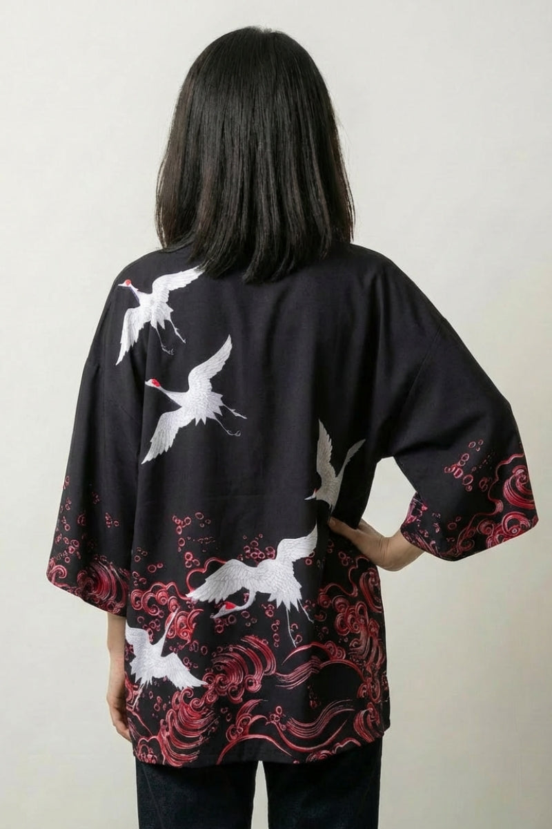 Veste kimono fluide femme Mayumi vue dos haori bleu nuit grues tsuru blanches streetwear japonais Japanstreet