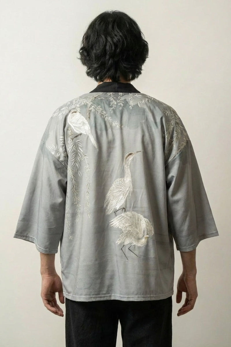 Veste kimono grise homme Tamotsu vue dos motif feuilles bambou broderie noire gris coton manches trois-quarts streetwear japonais Japanstreet