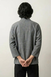 Veste kimono grise à rayure Takao vue dos rayures verticales coton lin grande taille streetwear japonais Japanstreet
