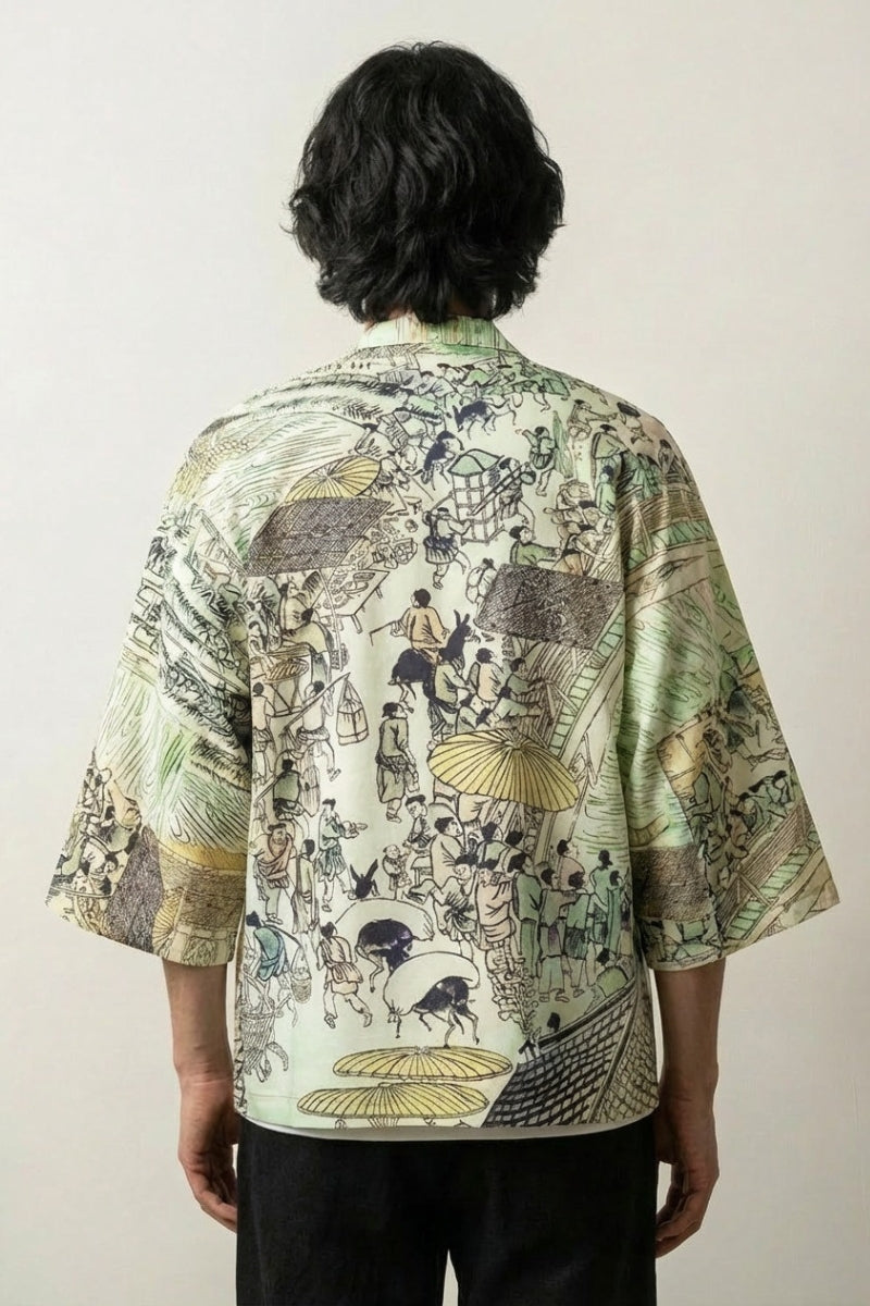 Veste kimono homme estampe Édition Kaïto vue dos motif ukiyo-e scène marchande Edo personnages parasol coton manches trois-quarts streetwear japonais Japanstreet