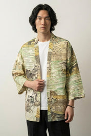 Veste kimono homme estampe Édition Kaïto motif ukiyo-e scène marchande Edo personnages parasol vagues écumantes coton coupe haori manches trois-quarts streetwear japonais Japanstreet