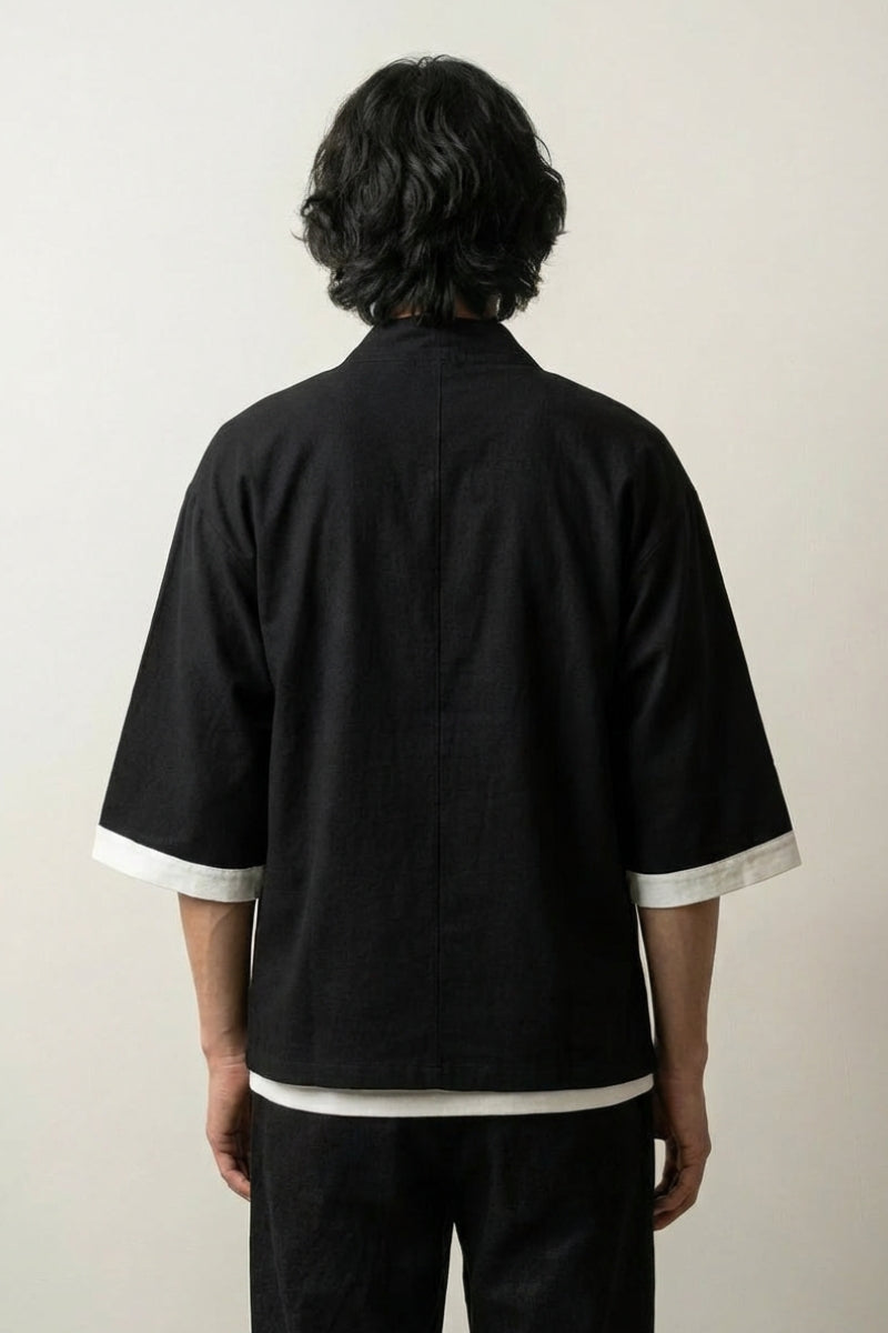 Veste kimono homme Hideki noire vue dos coton liseré blanc manches courtes streetwear japonais Japanstreet