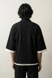 Veste kimono homme Hideki noire vue dos coton liseré blanc manches courtes streetwear japonais Japanstreet