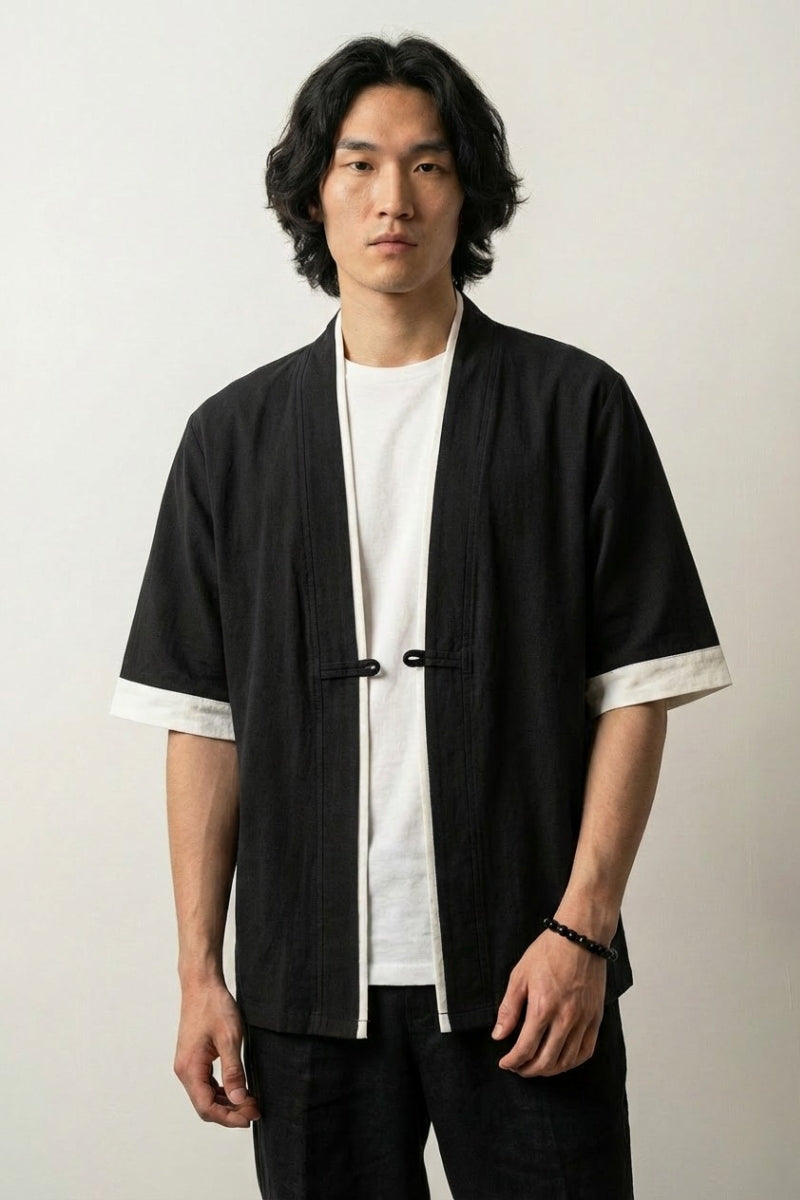 Veste kimono homme Hideki noire coton liseré blanc manches courtes col en V style streetwear japonais Japanstreet