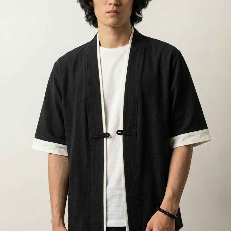 Veste kimono homme Hideki noire coton liseré blanc manches courtes col en V style streetwear japonais Japanstreet