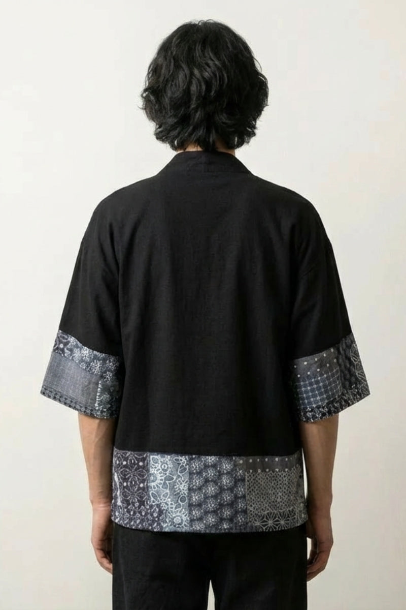 Veste kimono homme japonais Mitsuo noire vue dos empiècements motifs traditionnels asanoha seigaiha streetwear japonais Japanstreet