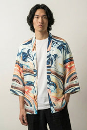 Veste kimono homme moderne Édition Kaïto motif marbre fluide tourbillons orange bleu blanc abstrait contemporain coton coupe haori manches trois-quarts streetwear japonais Japanstreet