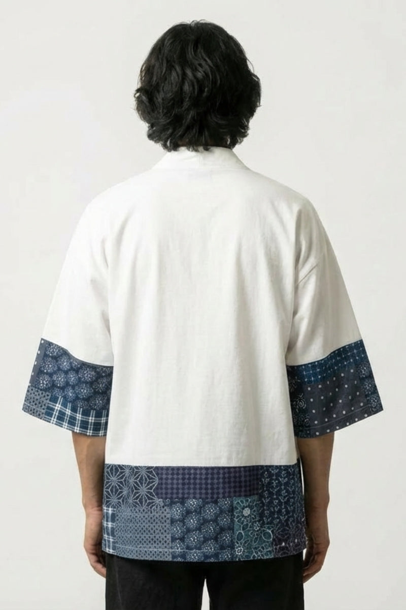 Veste kimono japonais homme Mitsuo blanche vue dos empiècements motifs traditionnels asanoha seigaiha streetwear japonais Japanstreet