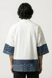 Veste kimono japonais homme Mitsuo blanche vue dos empiècements motifs traditionnels asanoha seigaiha streetwear japonais Japanstreet