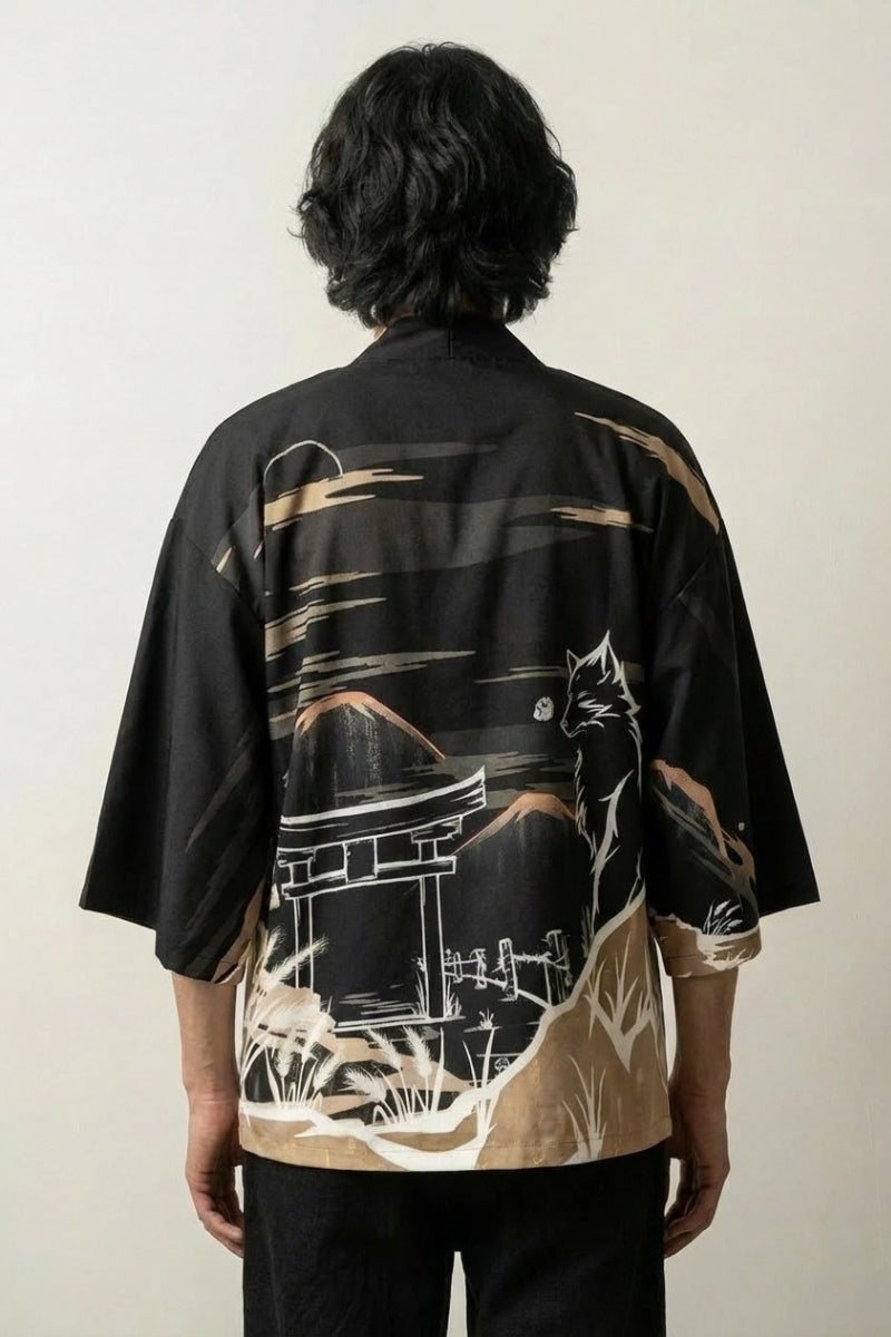 Veste kimono motif torii Hikaru vue dos paysage temple japonais bois noir beige coton manches trois-quarts streetwear japonais Japanstreet