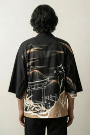 Veste kimono motif torii Hikaru vue dos paysage temple japonais bois noir beige coton manches trois-quarts streetwear japonais Japanstreet