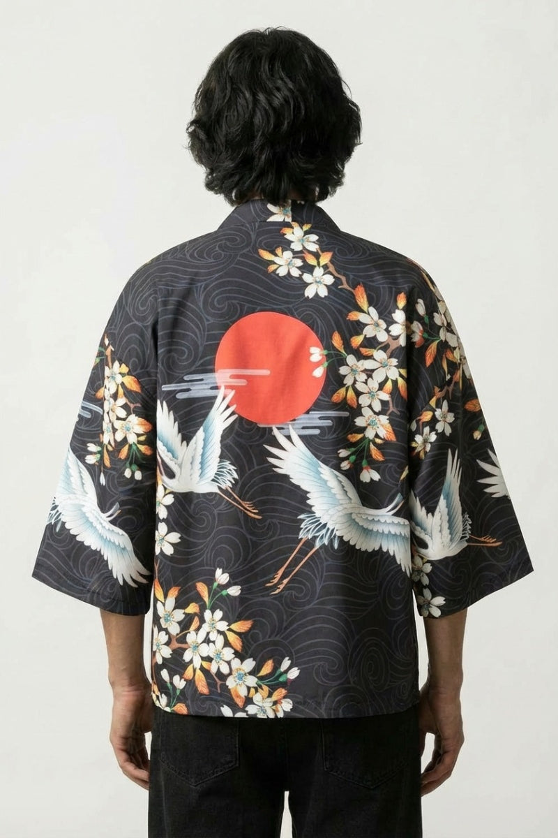 Veste kimono soleil japonais Édition Kaïto vue dos motif grue tsuru soleil hinomaru sakura marine coton manches trois-quarts streetwear japonais Japanstreet