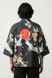 Veste kimono soleil japonais Édition Kaïto vue dos motif grue tsuru soleil hinomaru sakura marine coton manches trois-quarts streetwear japonais Japanstreet