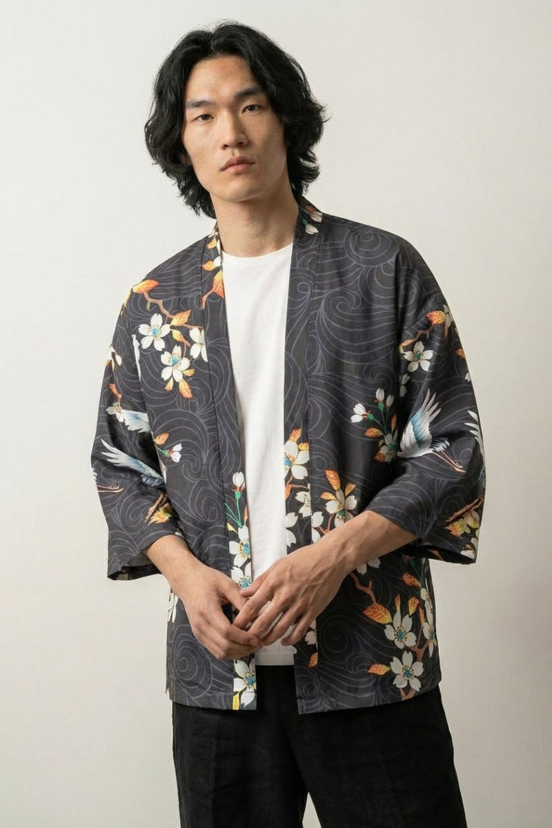 Veste kimono soleil japonais Édition Kaïto motif grue tsuru blanche soleil rouge hinomaru fleurs sakura sur fond marine vagues coton coupe haori manches trois-quarts streetwear japonais Japanstreet