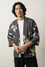 Veste kimono soleil japonais Édition Kaïto motif grue tsuru blanche soleil rouge hinomaru fleurs sakura sur fond marine vagues coton coupe haori manches trois-quarts streetwear japonais Japanstreet