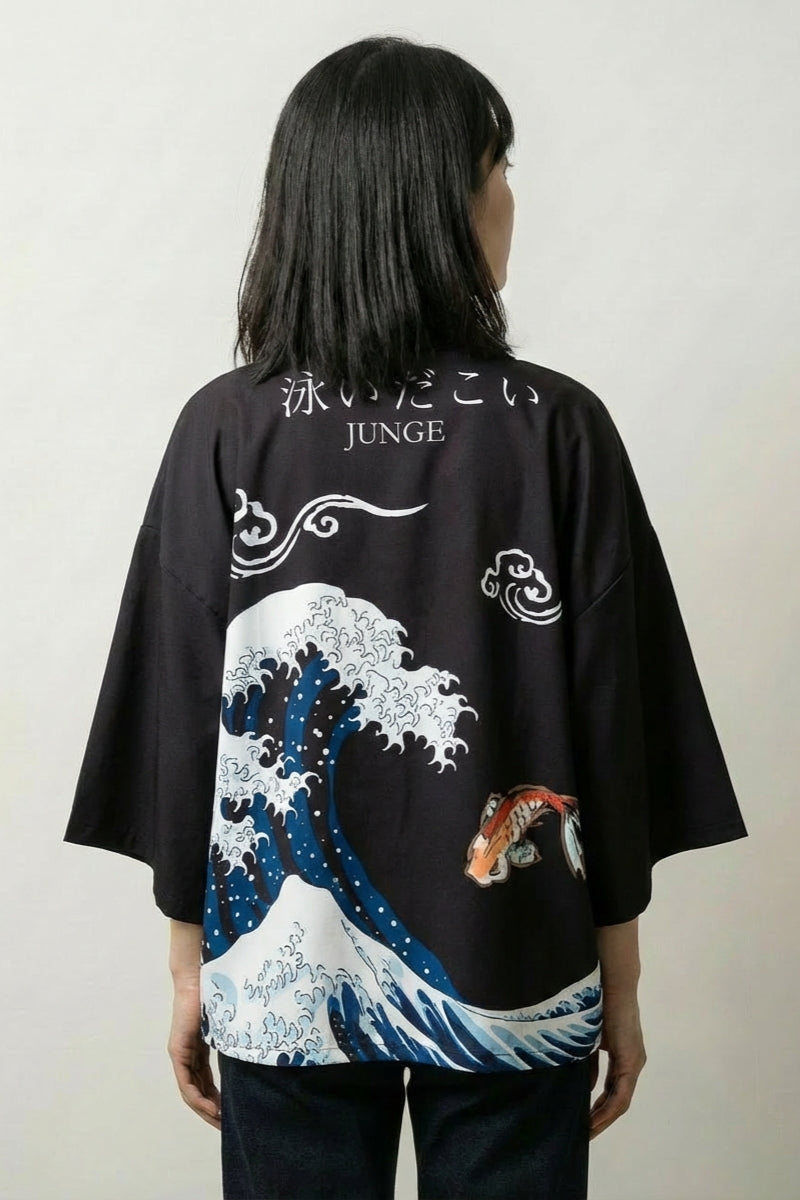 Veste kimono vague femme Kanagawa vue dos haori grande vague Hokusai carpe koï streetwear japonais Japanstreet