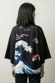 Veste kimono vague femme Kanagawa vue dos haori grande vague Hokusai carpe koï streetwear japonais Japanstreet
