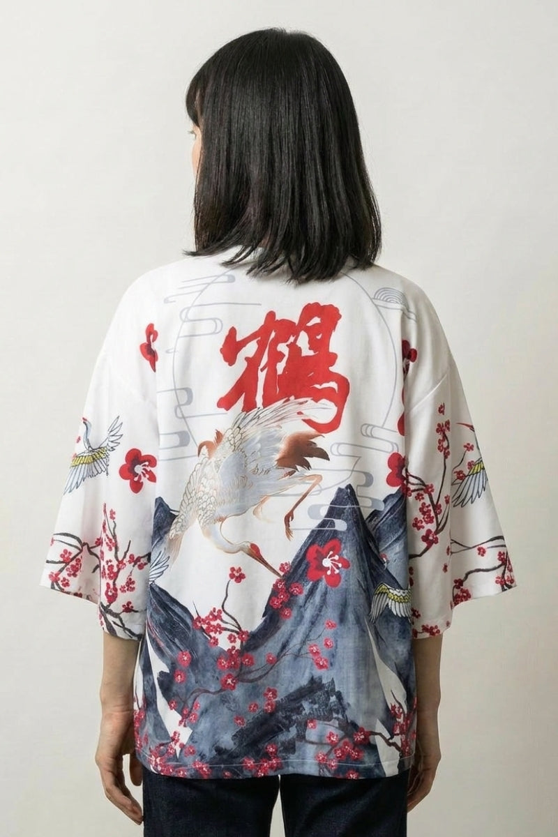 Veste légère kimono femme Edo blanche vue dos haori grue sakura streetwear japonais Japanstreet