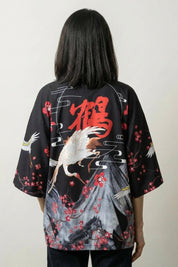 Veste légère kimono femme Edo noire vue dos haori grue sakura streetwear japonais Japanstreet