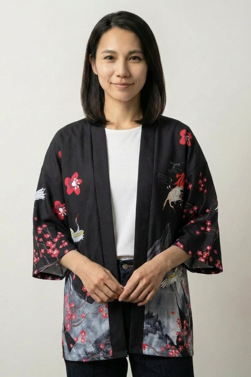 Veste légère kimono femme Edo noire haori grue sakura motif montagne kanji manches trois-quarts streetwear japonais Japanstreet