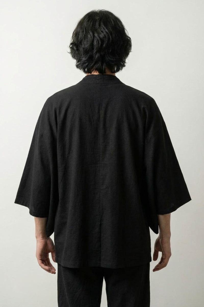 Veste longue kimono Takeo homme noir vue dos coton lin coupe longue manches trois-quarts streetwear japonais Japanstreet