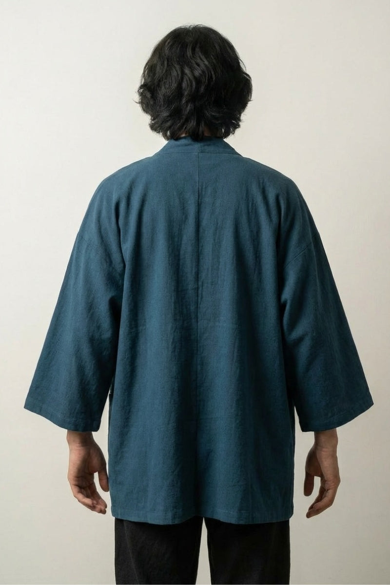 Veste longue kimono Takeo homme noir coton lin coupe longue manches trois-quarts col rayé streetwear japonais Japanstreet