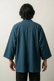 Veste longue kimono Takeo homme noir coton lin coupe longue manches trois-quarts col rayé streetwear japonais Japanstreet