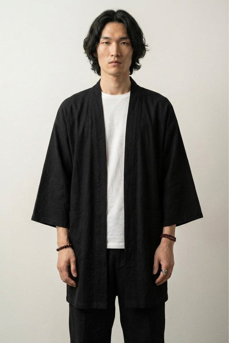 Veste longue kimono Takeo homme bleu turquoise vue dos coton lin coupe longue manches trois-quarts streetwear japonais Japanstreet