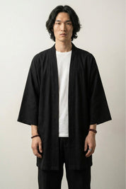Veste longue kimono Takeo homme bleu turquoise vue dos coton lin coupe longue manches trois-quarts streetwear japonais Japanstreet