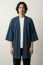 Veste longue kimono Takeo homme bleu turquoise canard coton lin coupe longue manches trois-quarts col rayé streetwear japonais Japanstreet