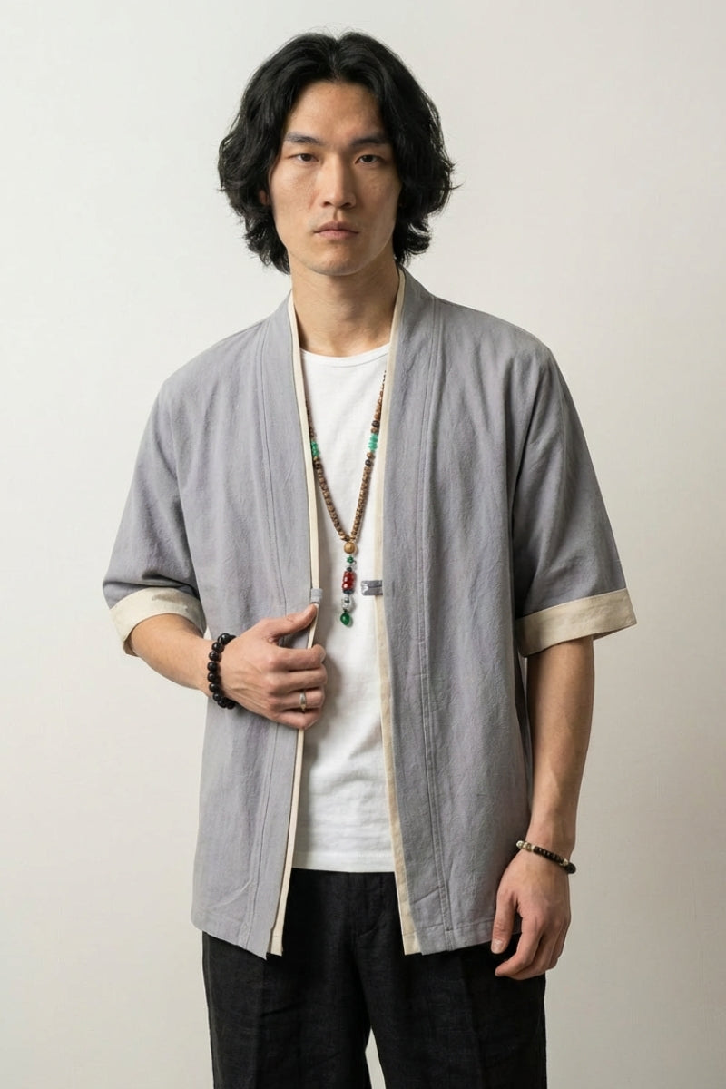Veste style japonais homme Gris Hideki coton liseré blanc manches courtes col en V style streetwear japonais Japanstreet