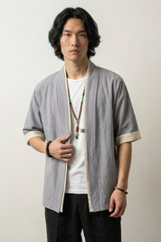 Veste style japonais homme Gris Hideki coton liseré blanc manches courtes col en V style streetwear japonais Japanstreet