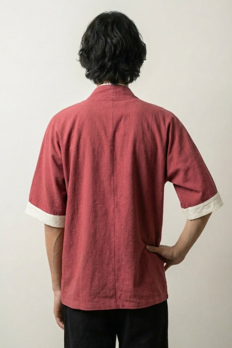 Veste style kimono homme Rouge Hideki vue dos coton manches courtes streetwear japonais Japanstreet