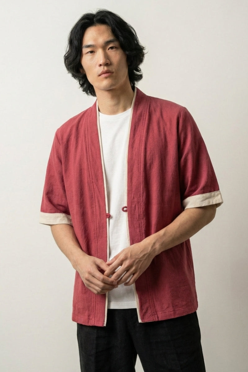 Veste style kimono homme Rouge Hideki coton liseré blanc manches courtes col en V style streetwear japonais Japanstreet