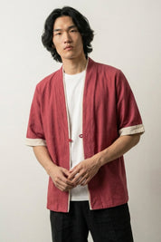 Veste style kimono homme Rouge Hideki coton liseré blanc manches courtes col en V style streetwear japonais Japanstreet