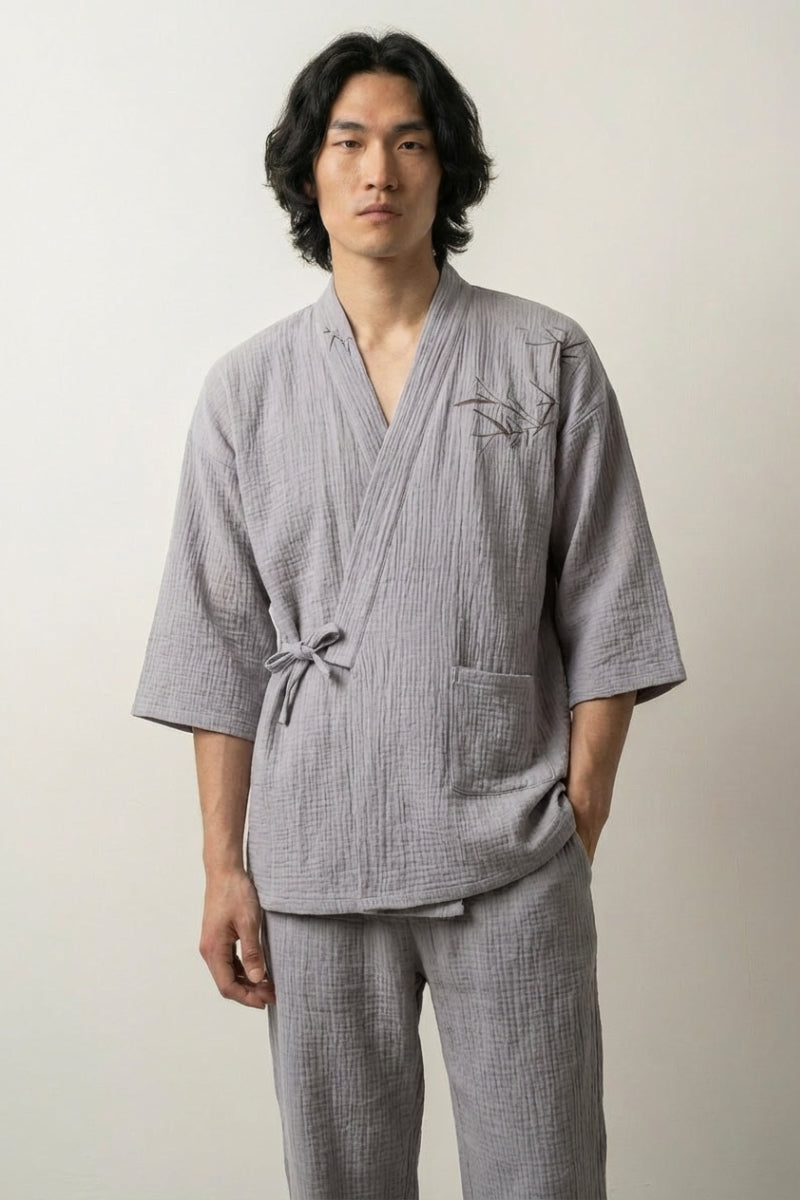 Vêtement de nuit japonais Takehai vert bambou take gaze coton coupe samue croisé devant manches trois-quarts pantalon cheville style streetwear japonais Japanstreet
