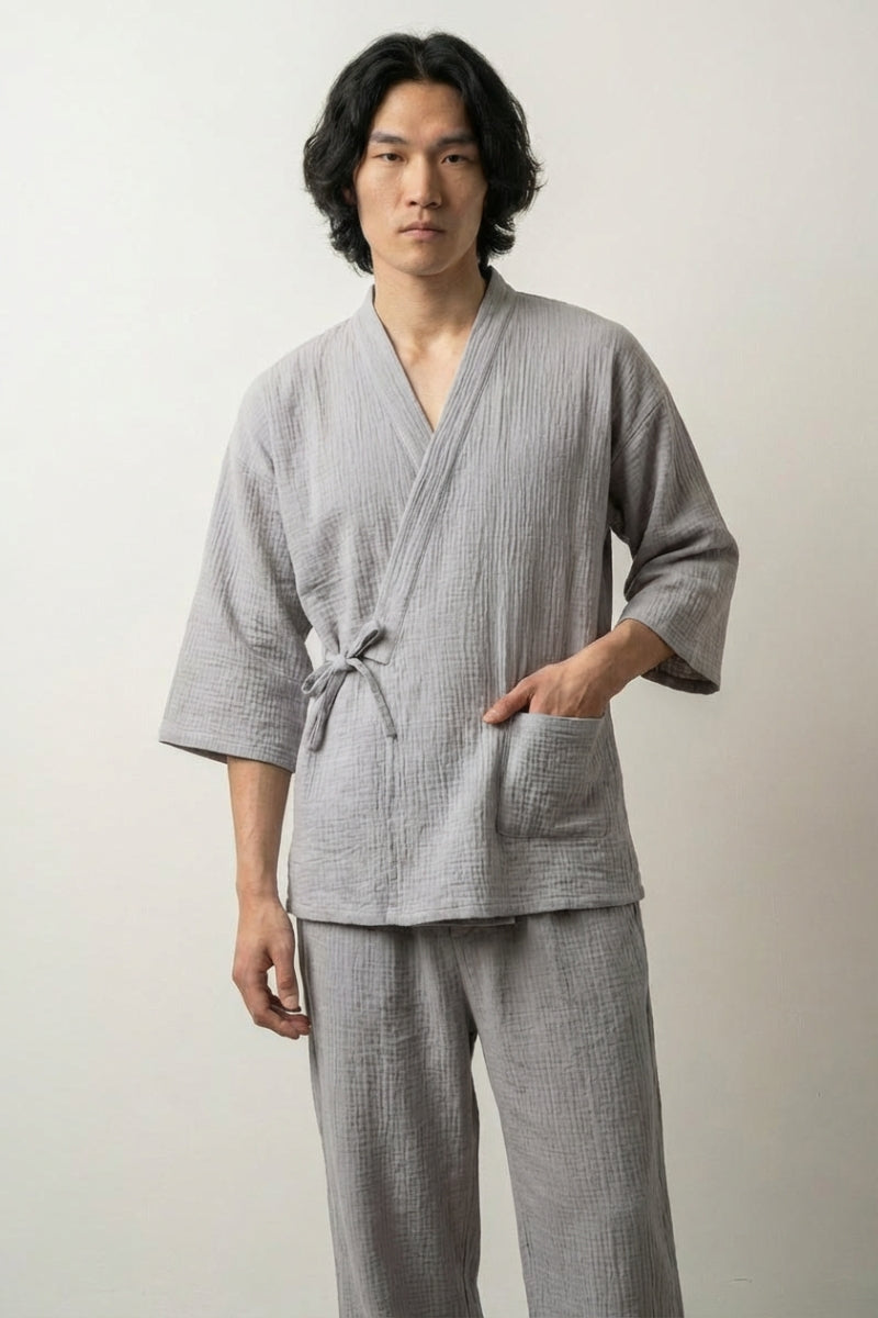 Vêtement jinbei printemps Harumo beige rosé gaze coton coupe samue croisé devant manches trois-quarts pantalon cheville style streetwear japonais Japanstreet