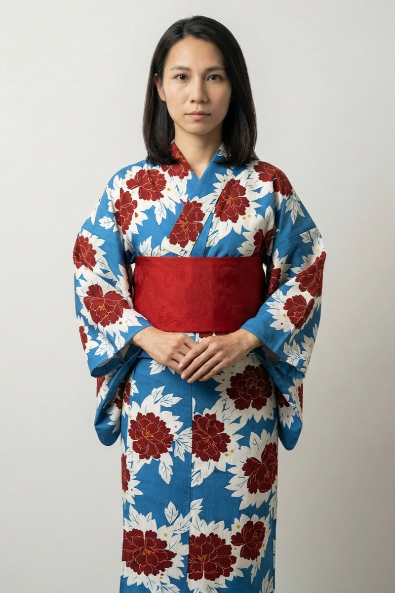 Yukata bleu japonais Akabotan cobalt motif pivoine rouge bordeaux crème graphique obi bordeaux coton taille unique style streetwear japonais Japanstreet