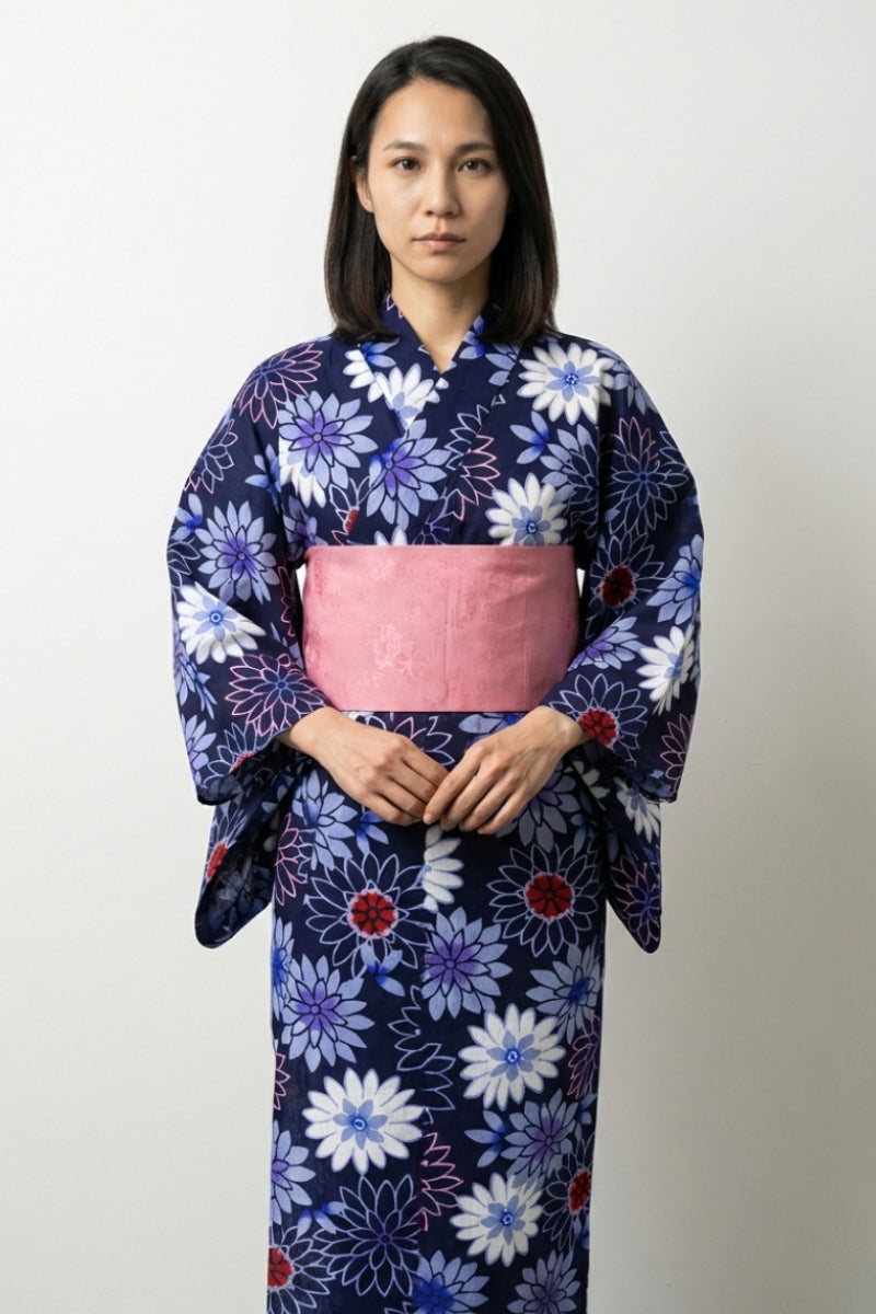 Yukata coton femme Aoigiku bleu marine motif chrysanthème dense cobalt lavande obi rose taille unique style streetwear japonais Japanstreet