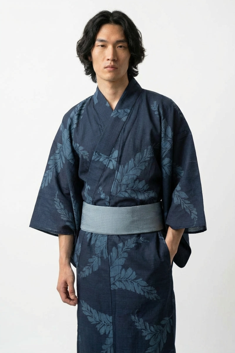 Yukata indigo homme Shinryoku marine motif fougères feuilles chêne turquoise ardoise jacquard ton sur ton coton obi gris bleu manches larges style streetwear japonais Japanstreet