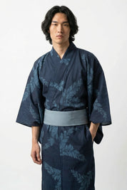 Yukata indigo homme Shinryoku marine motif fougères feuilles chêne turquoise ardoise jacquard ton sur ton coton obi gris bleu manches larges style streetwear japonais Japanstreet