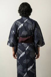 Yukata japon Hoshiba bleu nuit motif fougères feuilles tropicales étoiles argent gris coton obi bordeaux style streetwear japonais Japanstreet