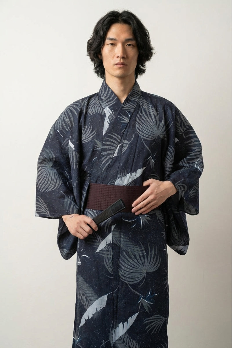 Yukata japon Hoshiba bleu nuit motif fougères feuilles tropicales étoiles argent gris coton obi bordeaux style streetwear japonais Japanstreet