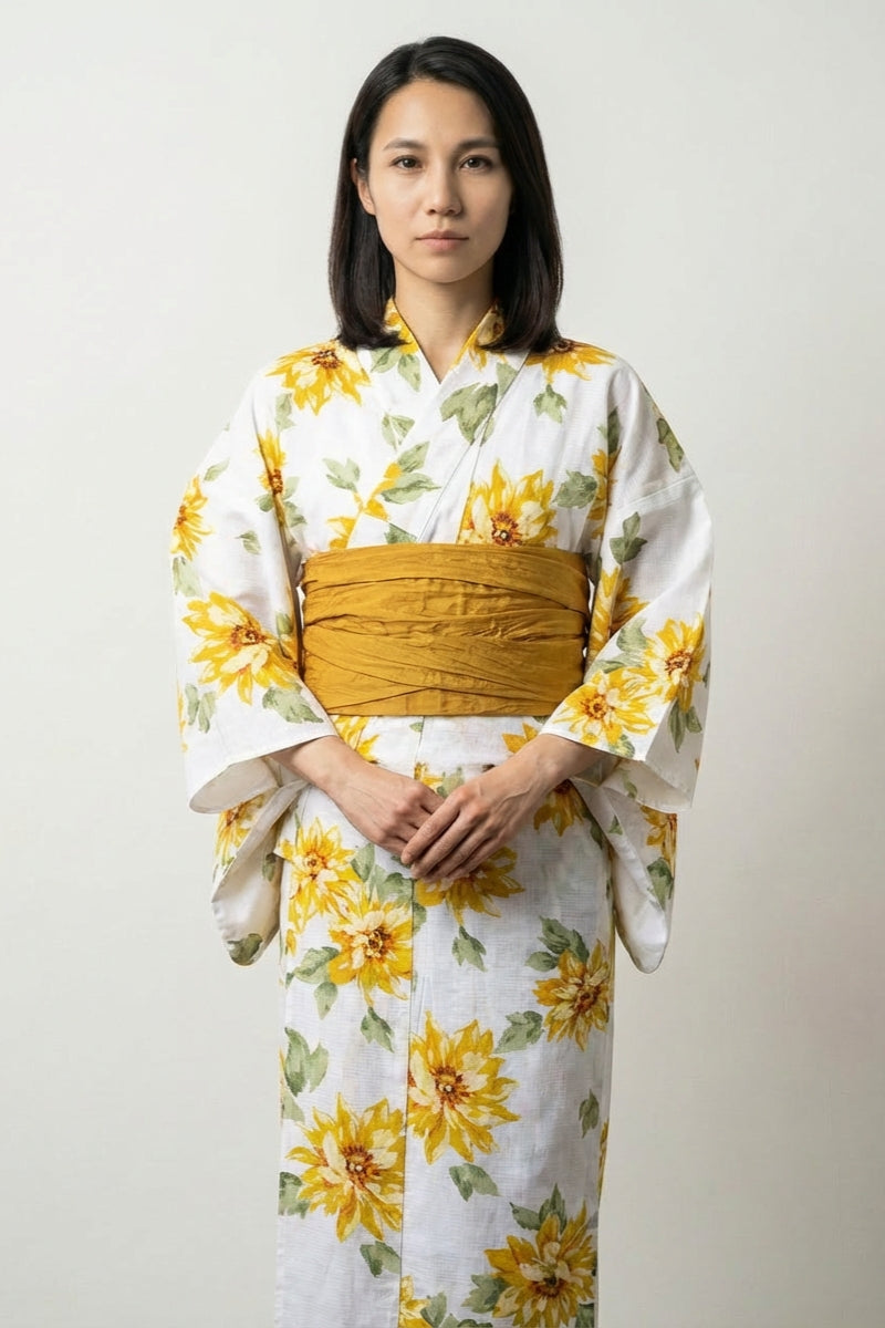 Yukata japonais tournesol Himawari blanc motif tournesol jaune doré aquarelle feuillage vert obi moutarde coton été taille unique Japanstreet