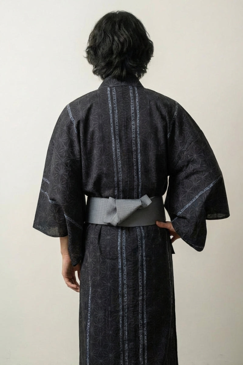 Yukata traditionnel homme Asanugi anthracite motif asanoha feuille chanvre bleu ardoise turquoise calligraphie coton obi gris style streetwear japonais Japanstreet
