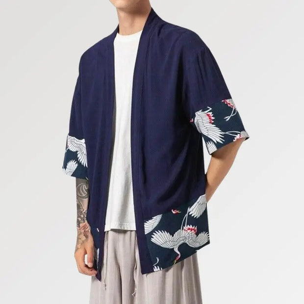 Le Cardigan Style Kimono pour Homme au motif de grue japonaise